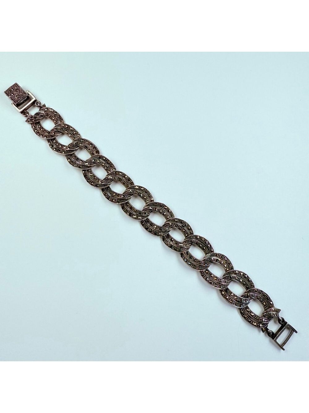 Vintage Large Marcasite 16mm Flat Curb Chain Link Sterling Silver 925 Bracelet - Picture 4 of 10